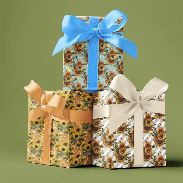 Sunflower Honeycomb bee Pattern Floral Wrapping Paper Sheet (Creator Uploaded)