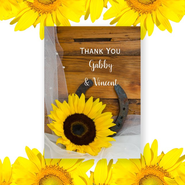Sunflower Horseshoe Western Wedding Thank You Note Note Card (Creator Uploaded)