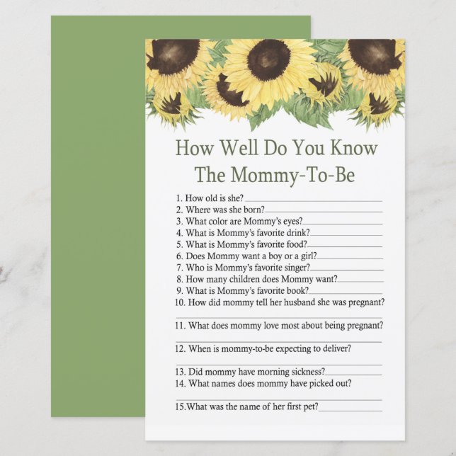 Sunflower How well do you know baby shower game (Front/Back)