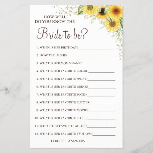 Sunflower How well do you know bride game card (Front)