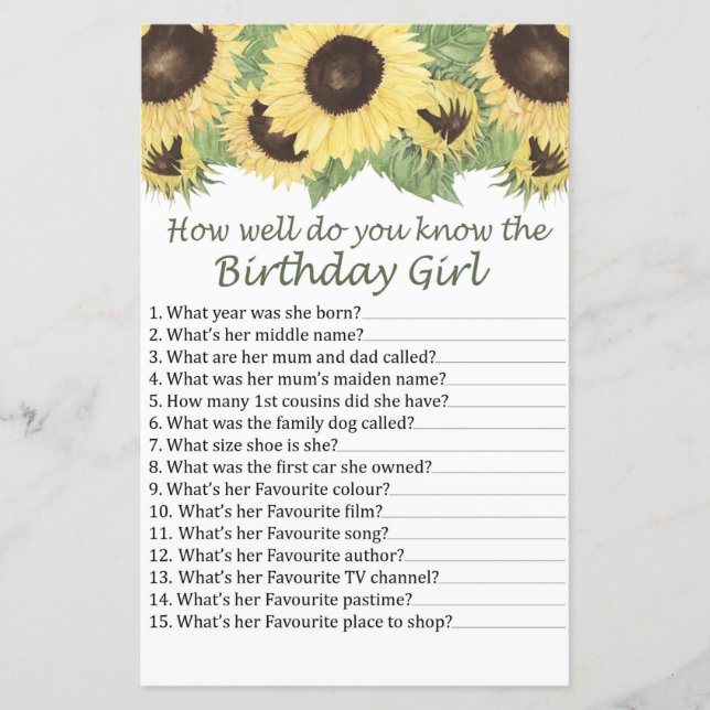 sunflower How well do you know the birthday girl (Front)