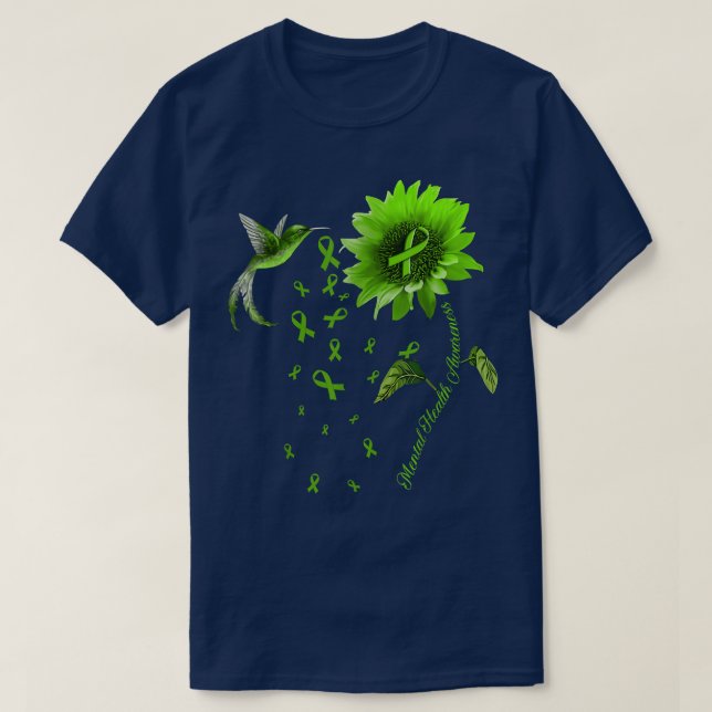 Sunflower Hummingbird Green Ribbon Mental Health A T-Shirt (Design Front)