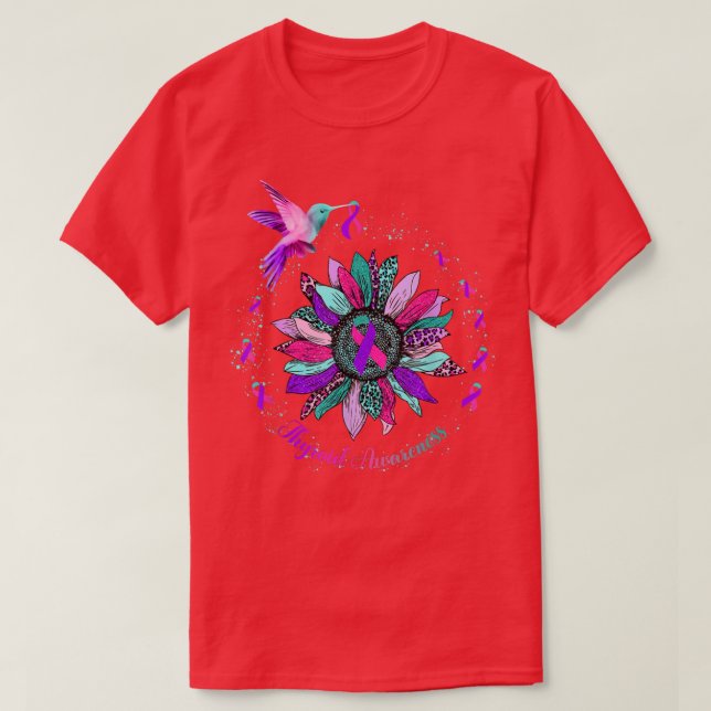 Sunflower Hummingbird Purple Teal Pink Ribbon Thyr T-Shirt (Design Front)