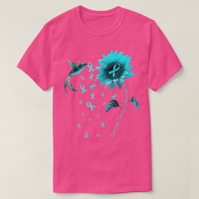 Sunflower Hummingbird Teal Ribbon Ovarian Cancer A T-Shirt (Design Front)