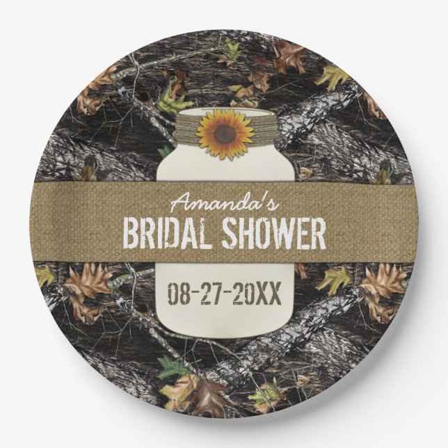 Sunflower + Hunting Camo Party Plates for Showers (Front)