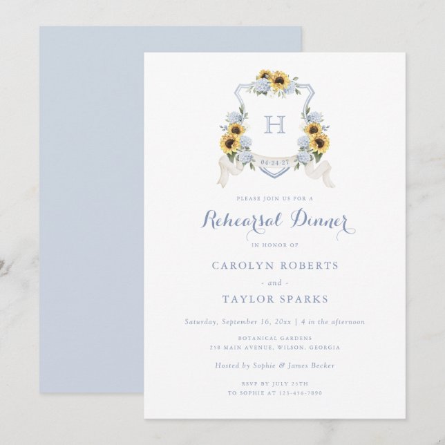Sunflower Hydrangea Crest Rehearsal Dinner Wedding Invitation (Front/Back)