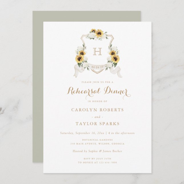 Sunflower Hydrangea Crest Rehearsal Dinner Wedding Invitation (Front/Back)