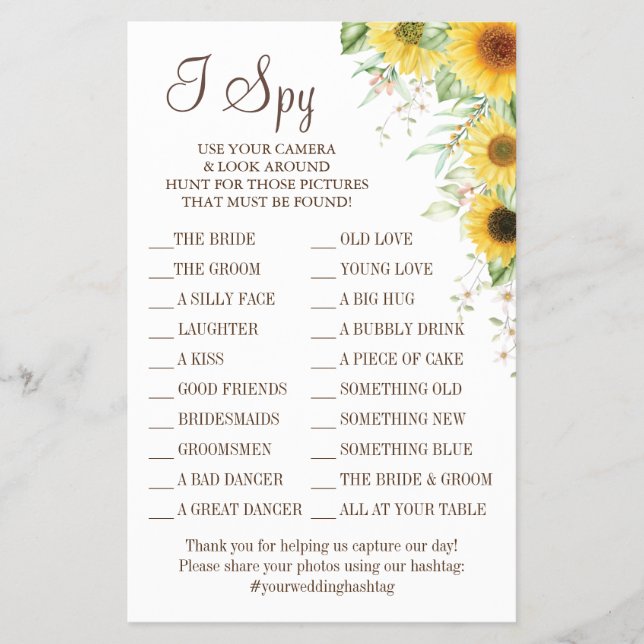 Sunflower I spy wedding reception game card (Front)