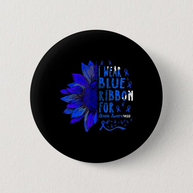 Sunflower I Wear Blue Ribbon for Ataxia Awareness  6 Cm Round Badge (Front)
