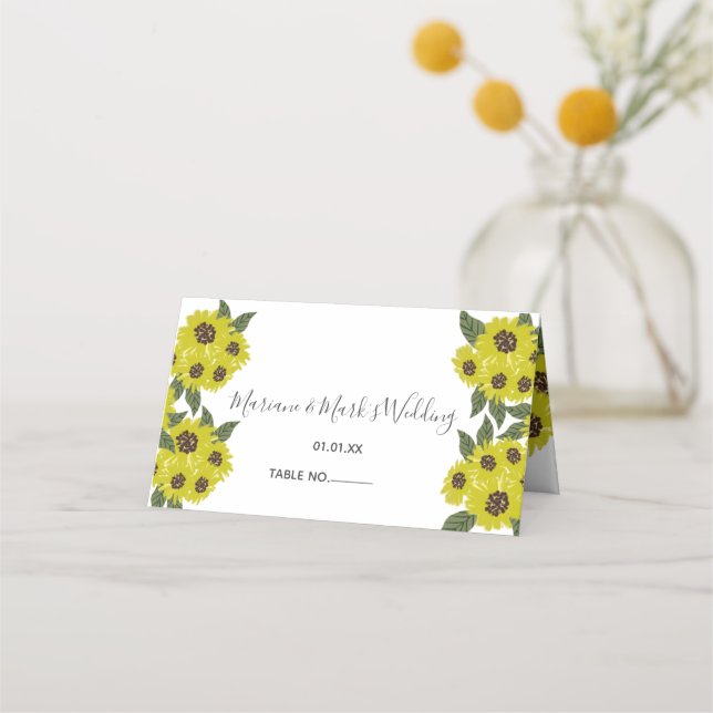 Sunflower Illustration Botanical Wedding Yellow Place Card (Front)
