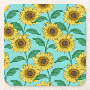 Sunflower Illustration Fashion Repeat Pattern Square Paper Coaster