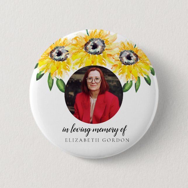 Sunflower In Loving Memory Funeral Photo Floral 6 Cm Round Badge (Front)