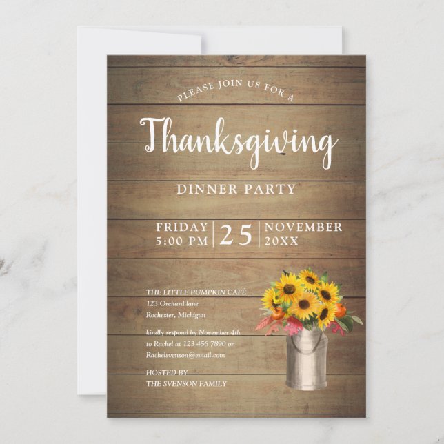 sunflower in milkbucket thanksgiving dinner invitation (Front)