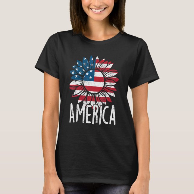 Sunflower Independence Day  Usa American Flag 4th  T-Shirt (Front)