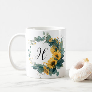 Sunflower Initial Elegant Vintage Watercolor Coffee Mug