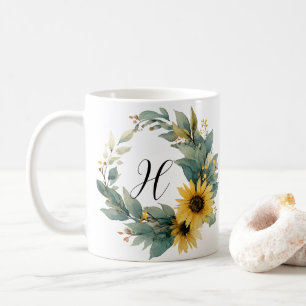 Sunflower Initial Elegant Vintage Watercolor Coffee Mug