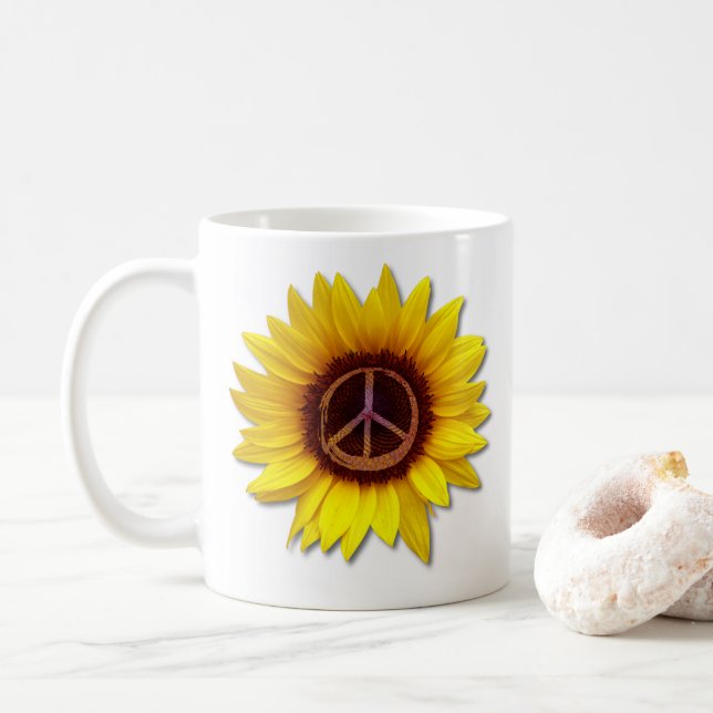 Sunflower Inner Peace Symbol Sign Anti-War Love  Coffee Mug (With Donut)