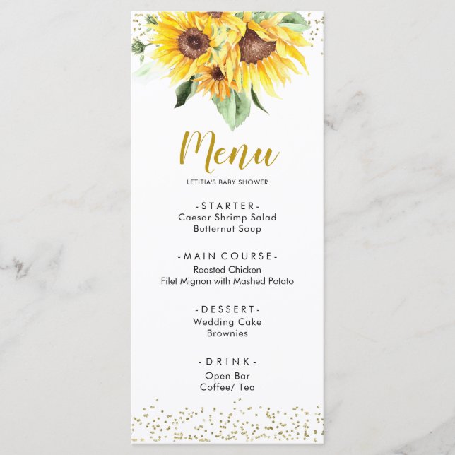 Sunflower is on the way Baby Shower Menu (Front)