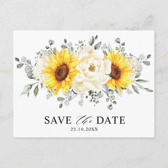 Sunflower Ivory Peony  Eucalyptus Save the Date    Postcard (Front)