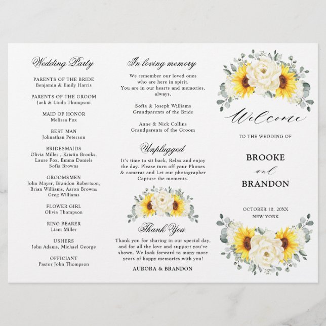Sunflower Ivory Peony Eucalyptus Wedding Program (Front)