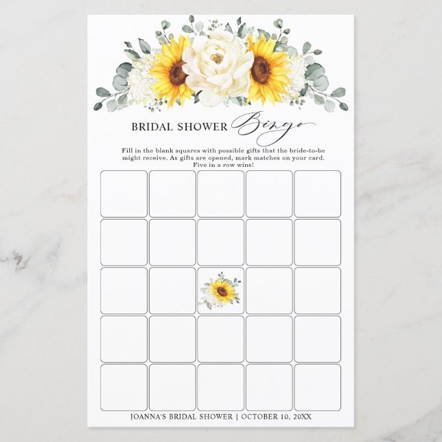 Sunflower Ivory Peony Floral  Bridal Shower Bingo (Front)