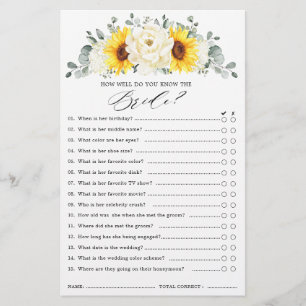 Sunflower Ivory Peony Floral  Bridal Shower Game