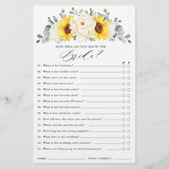 Sunflower Ivory Peony Floral  Bridal Shower Game (Front)