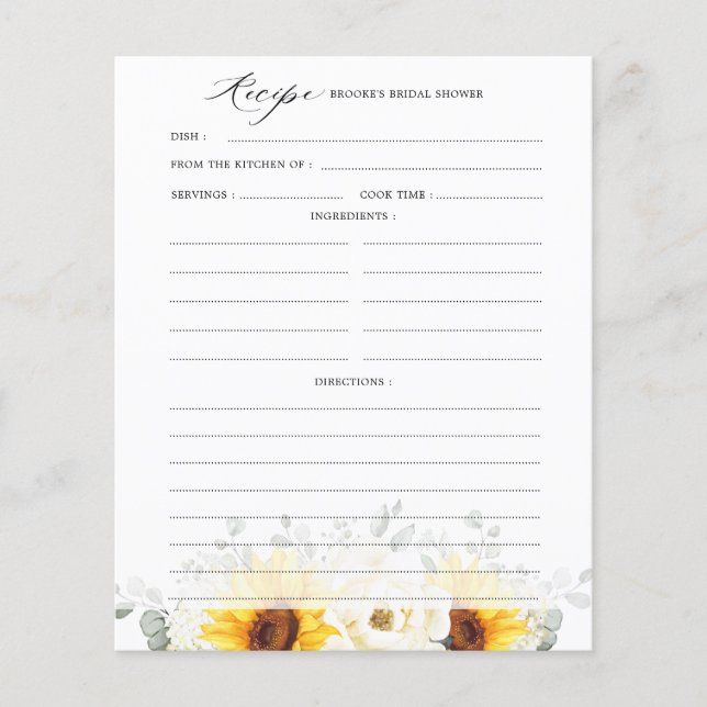 Sunflower Ivory Peony Floral  Bridal Shower Recipe (Front)
