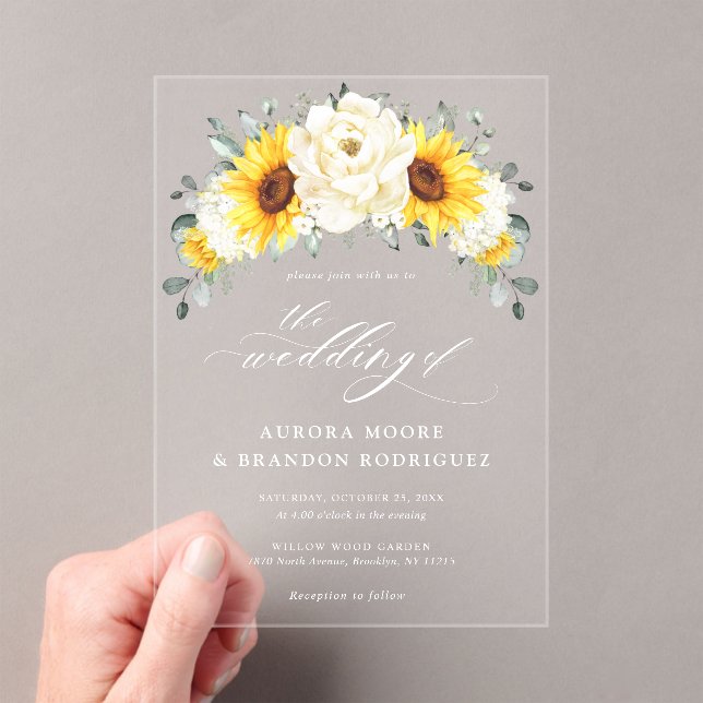Sunflower Ivory Peony Floral Eucalyptus Wedding    Acrylic Invitations (Insitu (Handheld))
