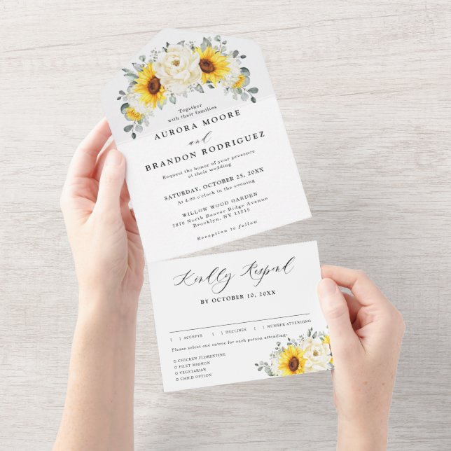 Sunflower Ivory Peony Floral Eucalyptus Wedding    All In One Invitation (Tearaway)