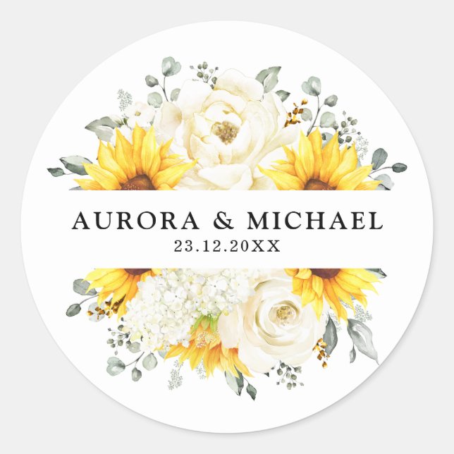 Sunflower Ivory Peony Floral Eucalyptus Wedding    Classic Round Sticker (Front)