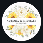 Sunflower Ivory Peony Floral Eucalyptus Wedding    Classic Round Sticker<br><div class="desc">Elegant modern floral midsummer wedding favour sticker features a bouquet of watercolor sunflower hydrangea & peonies in shades of rich yellow, ivory, with lush green botanical leaves and eucalyptus. Please find more matching designs and variations from my "blissweddingpaperie" store. And feel free to contact me for further customisation or matching...</div>