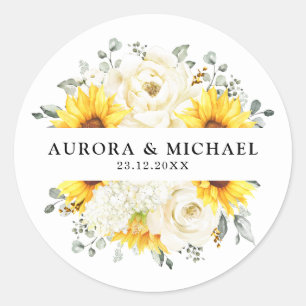 Sunflower Ivory Peony Floral Eucalyptus Wedding    Classic Round Sticker