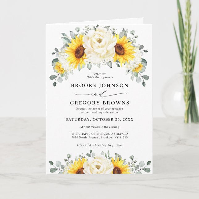 Sunflower Ivory Peony Floral Eucalyptus Wedding    Invitation (Front)