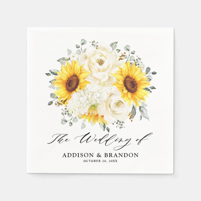 Sunflower Ivory Peony Floral Eucalyptus Wedding    Napkin (Front)