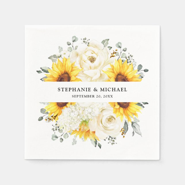 Sunflower Ivory Peony Floral Eucalyptus Wedding Napkin (Front)