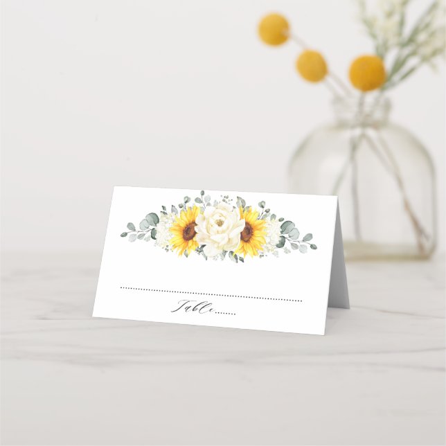 Sunflower Ivory Peony Floral Eucalyptus Wedding    Place Card (Front)