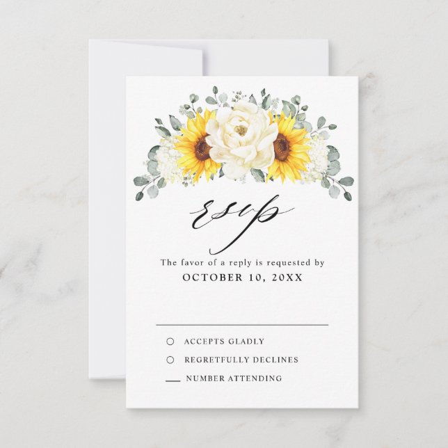 Sunflower Ivory Peony Floral Eucalyptus Wedding    RSVP Card (Front)