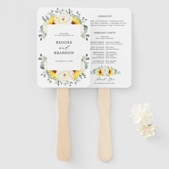 Sunflower Ivory Peony Floral Wedding Program Hand Fan (Front and Back)