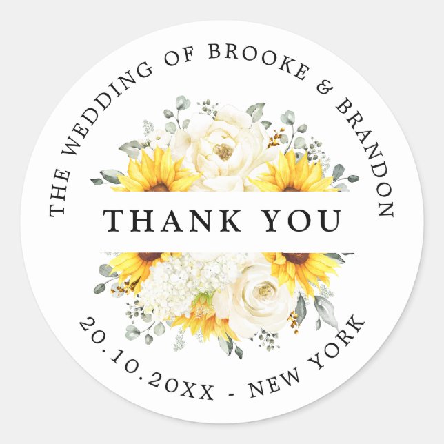 Sunflower Ivory Peony Floral Wedding Thank you Classic Round Sticker (Front)