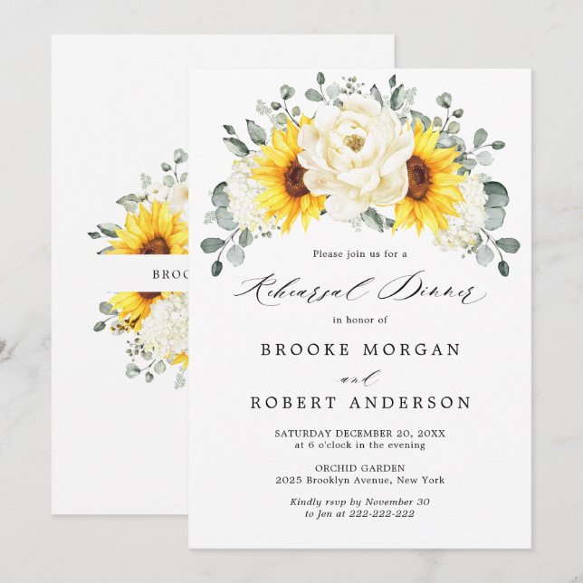 Sunflower Ivory Peony Rehearsal Dinner Invitation (Front/Back)