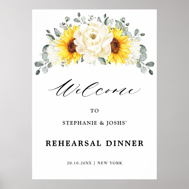 Sunflower Ivory Peony Rehearsal Dinner Welcome Poster (Front)