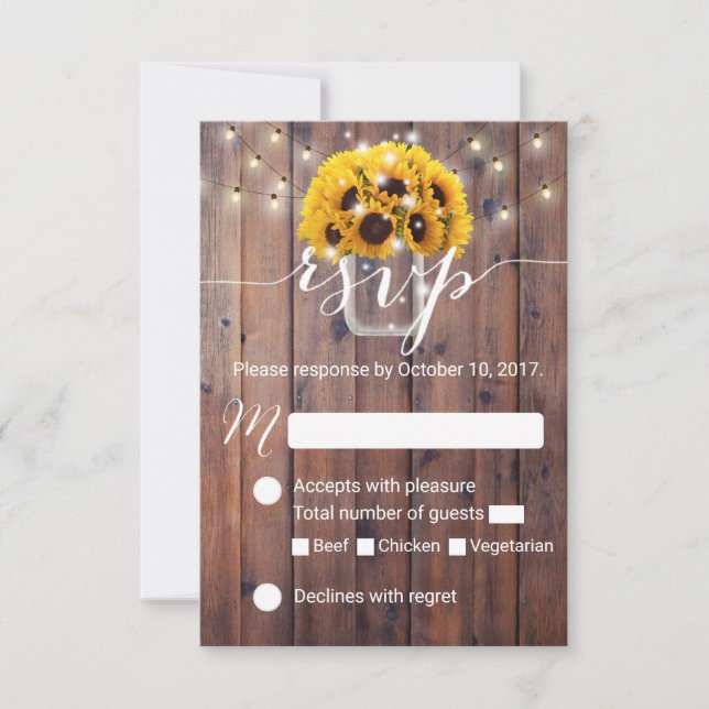 Sunflower Jar Barn Wood Rustic Wedding RSVP Card (Front)