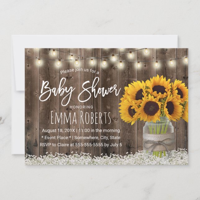 Sunflower Jar Country Floral Barn Wood Baby Shower Invitation (Front)