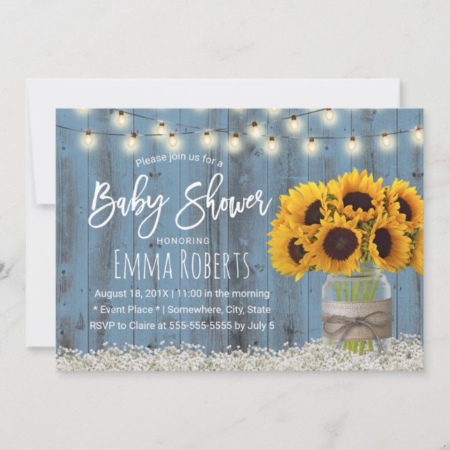 Sunflower Jar Dusty Blue Barn Wood Baby Shower Invitation (Front)