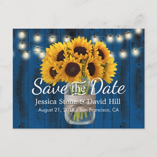 Sunflower Jar Navy Blue Barn Wedding Save the Date Announcement Postcard (Front)