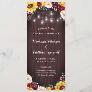 Sunflower Jars Lights Wood Burgundy Blush Wedding Programme