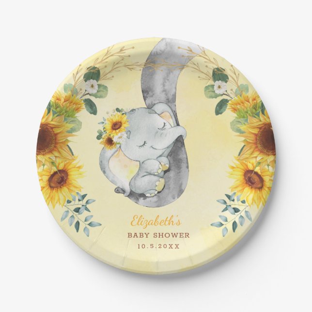 Sunflower Jungle Elephant Baby Shower 1st Birthday Paper Plate (Front)