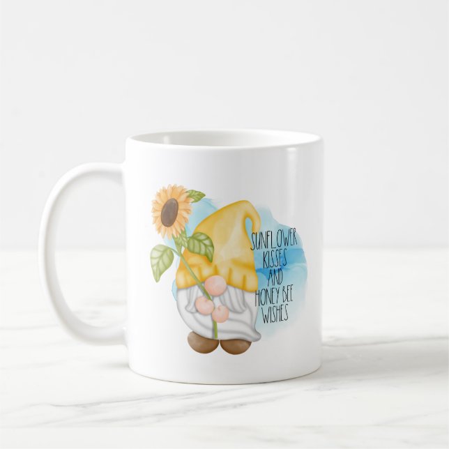 Sunflower kisses and Honeybee Wishes Gnome Coffee Mug (Left)