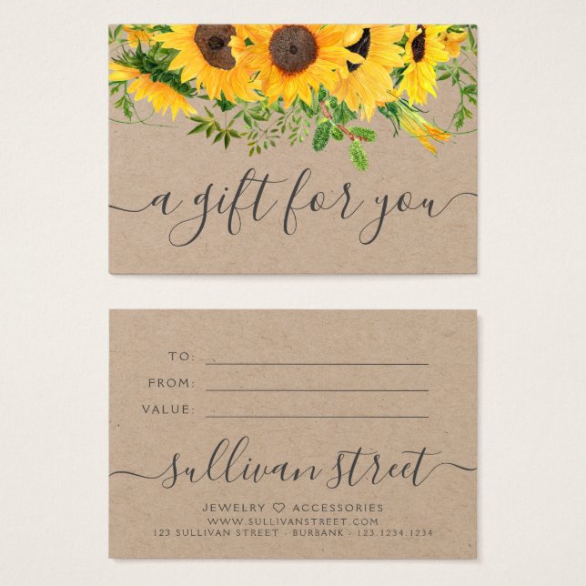 Sunflower Kraft Small Business Gift Certificate (Front & Back)